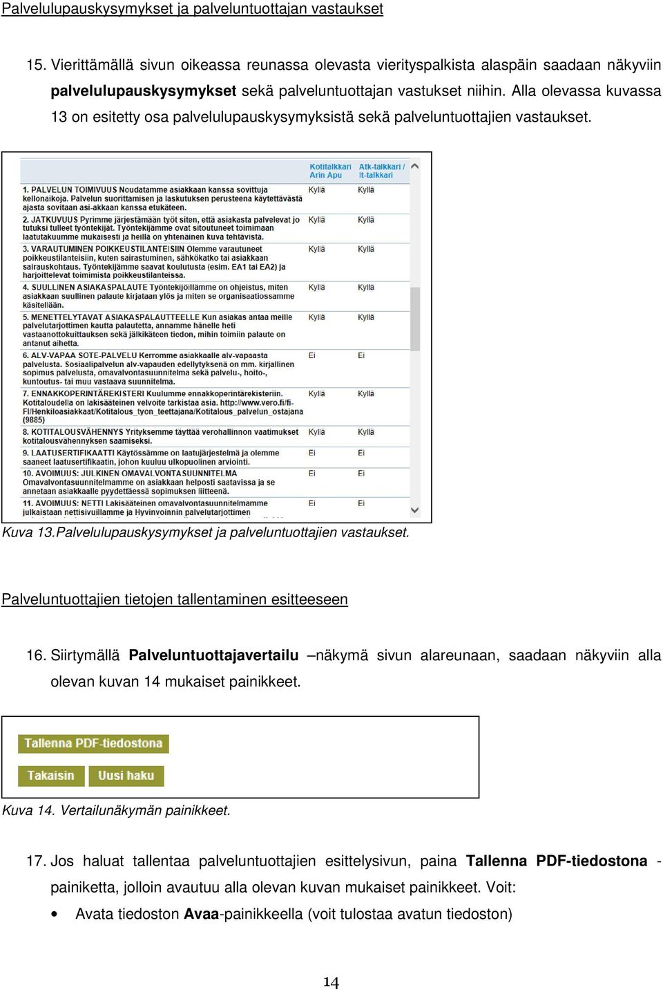 Alla olevassa kuvassa 13 on esitetty osa palvelulupauskysymyksistä sekä palveluntuottajien vastaukset. Kuva 13.Palvelulupauskysymykset ja palveluntuottajien vastaukset.