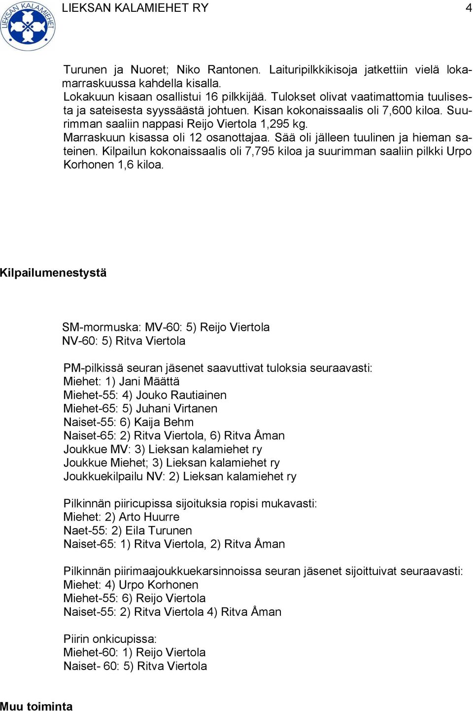 Marraskuun kisassa oli 12 osanottajaa. Sää oli jälleen tuulinen ja hieman sateinen. Kilpailun kokonaissaalis oli 7,795 kiloa ja suurimman saaliin pilkki Urpo Korhonen 1,6 kiloa.