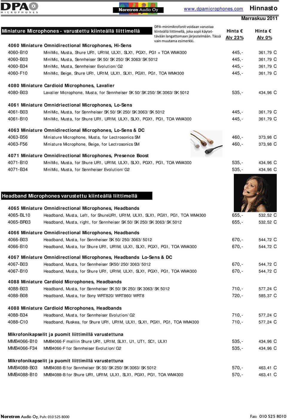 Alv 23% Alv 0% 4060 Miniature Omnidirectional Microphones, Hi-Sens 4060-B10 MiniMic, Musta, Shure UR1, UR1M, ULX1, SLX1, PGX1, PG1 + TOA WM4300 445,- 361,79 C 4060-B03 MiniMic, Musta, Sennheiser SK