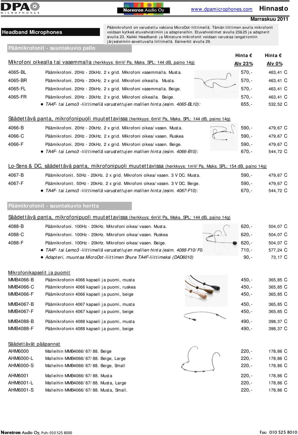 Päämikrofonit - suuntakuvio pallo Hinta Hinta Mikrofoni oikealla tai vasemmalla (herkkyys: 6mV/Pa, Maks. SPL: 144 db, paino 14g) Alv 23% Alv 0% 4065-BL Päämikrofoni. 20Hz - 20kHz. 2 x grid.