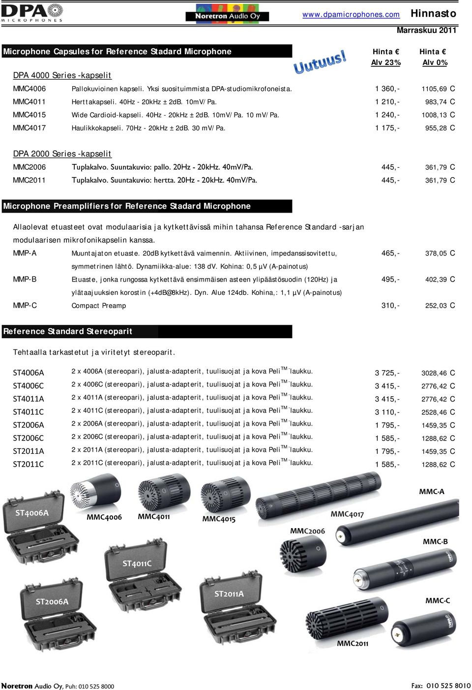 70Hz - 20kHz ± 2dB. 30 mv/pa. 1 175,- 955,28 C DPA 2000 Series -kapselit MMC2006 Tuplakalvo. Suuntakuvio: pallo. 20Hz - 20kHz. 40mV/Pa. 445,- 361,79 C MMC2011 Tuplakalvo. Suuntakuvio: hertta.