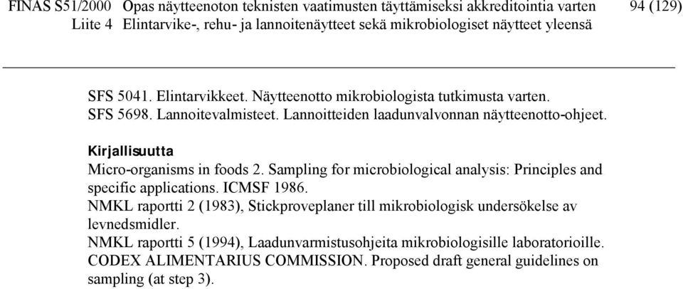 Kirjallisuutta Micro-organisms in foods 2. Sampling for microbiological analysis: Principles and specific applications. ICMSF 1986.