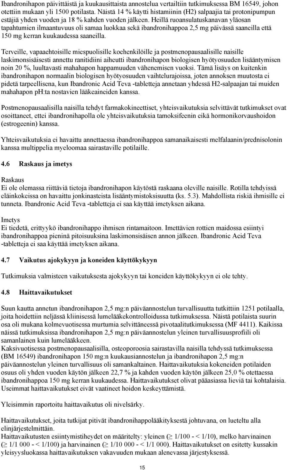 Heillä ruoansulatuskanavan yläosan tapahtumien ilmaantuvuus oli samaa luokkaa sekä ibandronihappoa 2,5 mg päivässä saaneilla että 150 mg kerran kuukaudessa saaneilla.