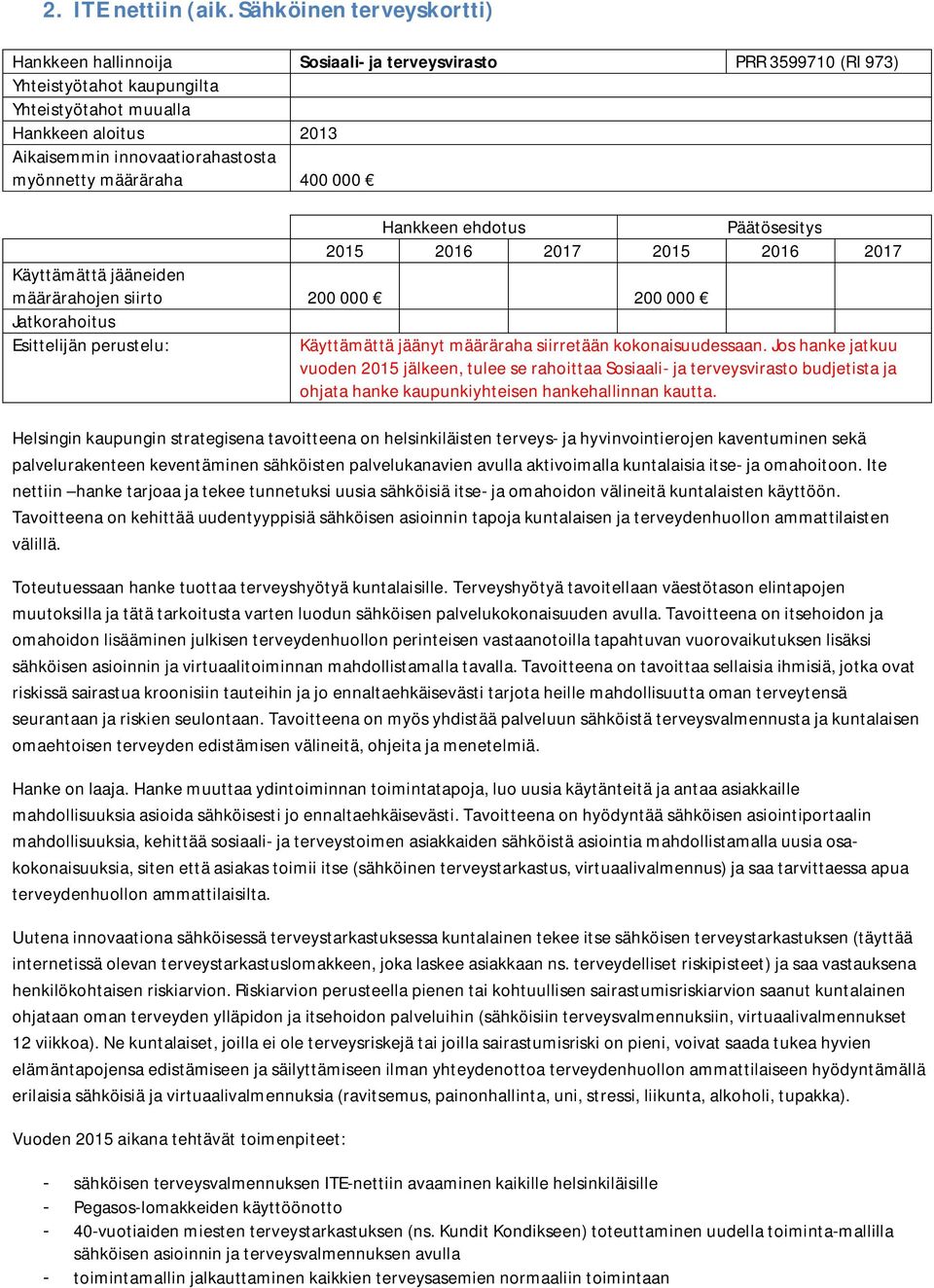 200 000 Jatkorahoitus Käyttämättä jäänyt määräraha siirretään kokonaisuudessaan.