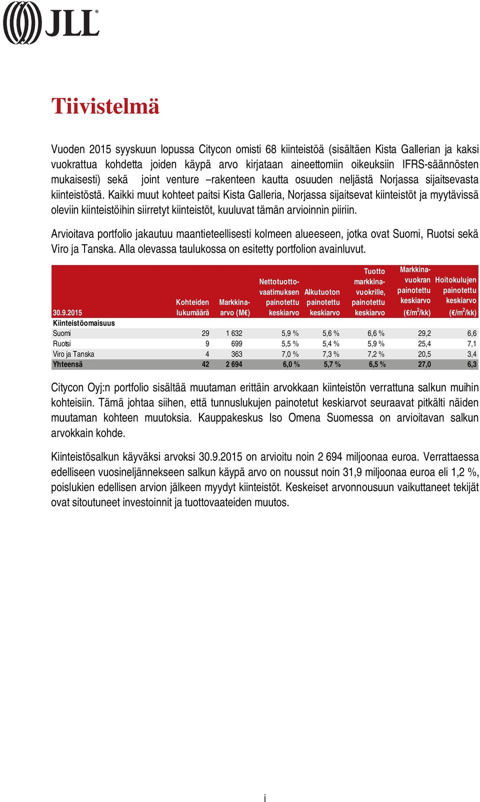 Kaikki muut kohteet paitsi Kista Galleria, Norjassa sijaitsevat kiinteistöt ja myytävissä oleviin kiinteistöihin siirretyt kiinteistöt, kuuluvat tämän arvioinnin piiriin.