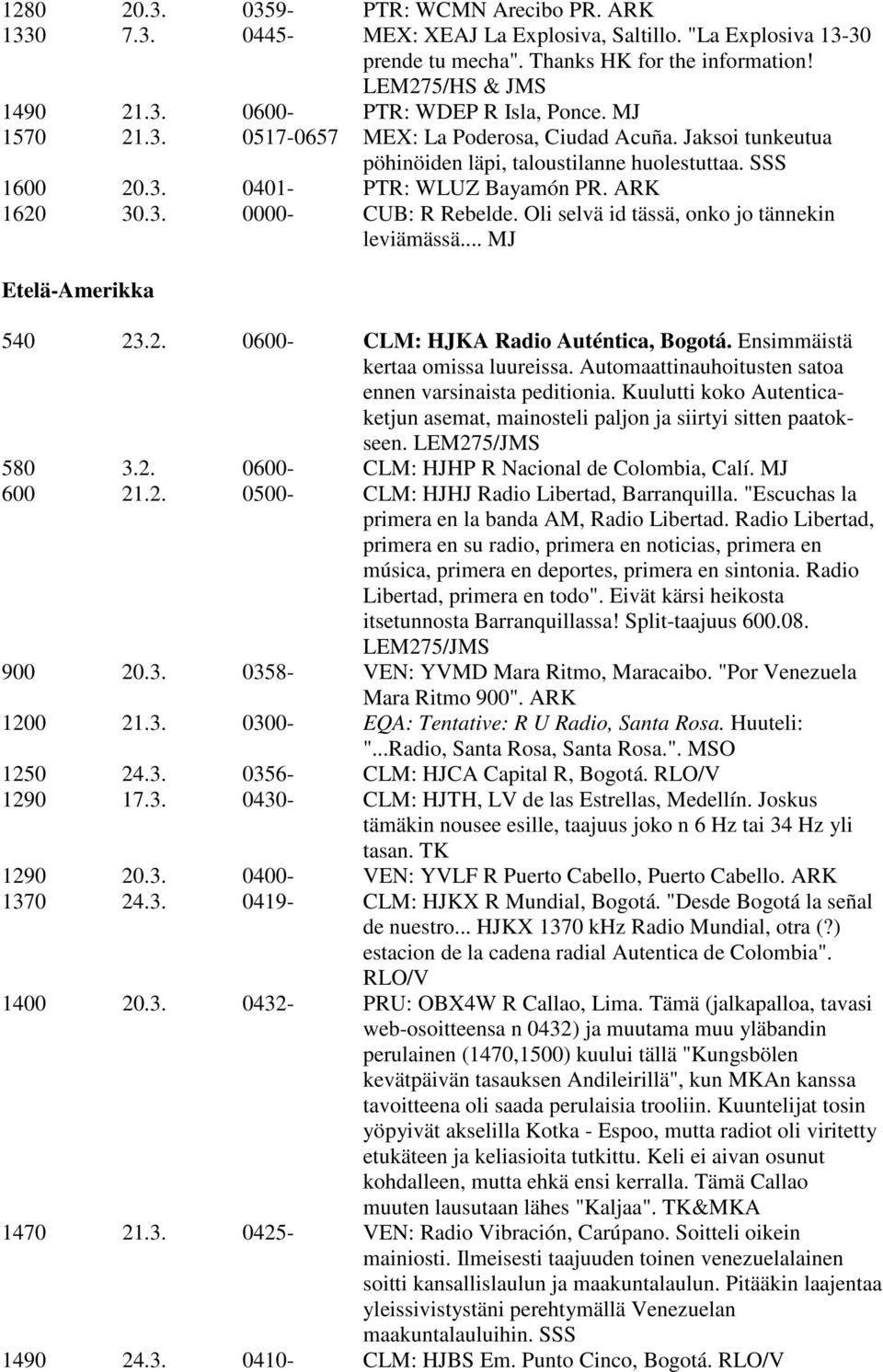 Oli selvä id tässä, onko jo tännekin leviämässä... MJ Etelä-Amerikka 540 23.2. 0600- CLM: HJKA Radio Auténtica, Bogotá. Ensimmäistä kertaa omissa luureissa.