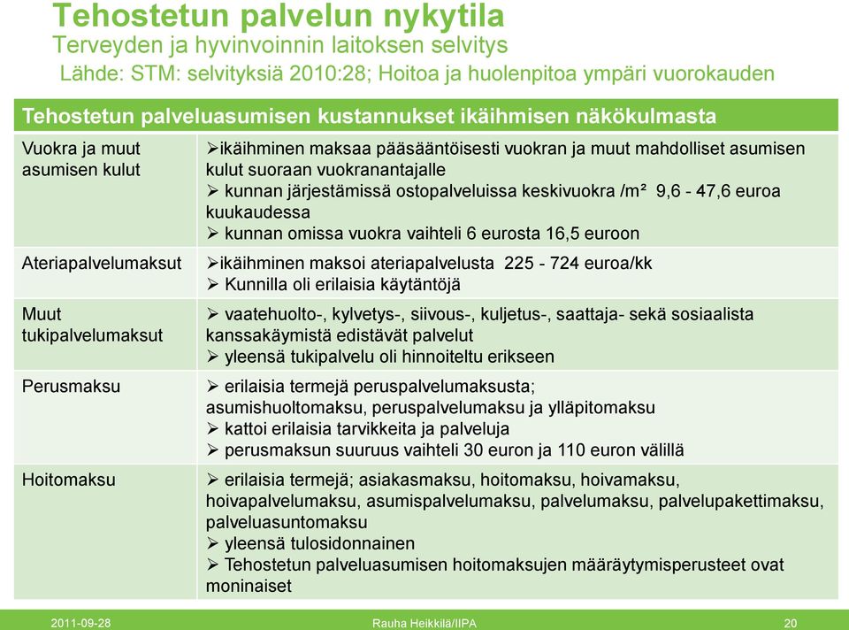 vuokranantajalle kunnan järjestämissä ostopalveluissa keskivuokra /m² 9,6-47,6 euroa kuukaudessa kunnan omissa vuokra vaihteli 6 eurosta 16,5 euroon ikäihminen maksoi ateriapalvelusta 225-724