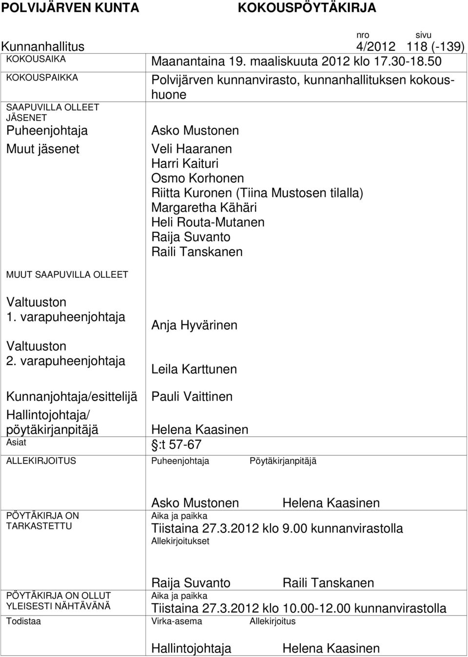 Osmo Korhonen Riitta Kuronen (Tiina Mustosen tilalla) Margaretha Kähäri Heli Routa-Mutanen Raija Suvanto Raili Tanskanen n 1. varapuheenjohtaja n 2.