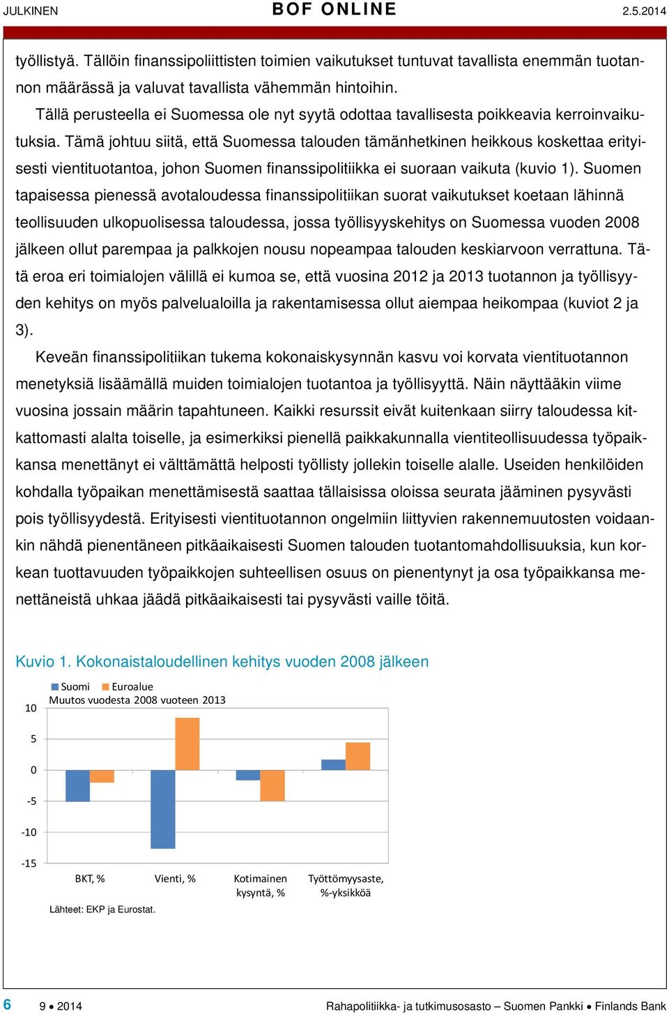 Tämä johtuu siitä, että Suomessa talouden tämänhetkinen heikkous koskettaa erityisesti vientituotantoa, johon Suomen finanssipolitiikka ei suoraan vaikuta (kuvio 1).