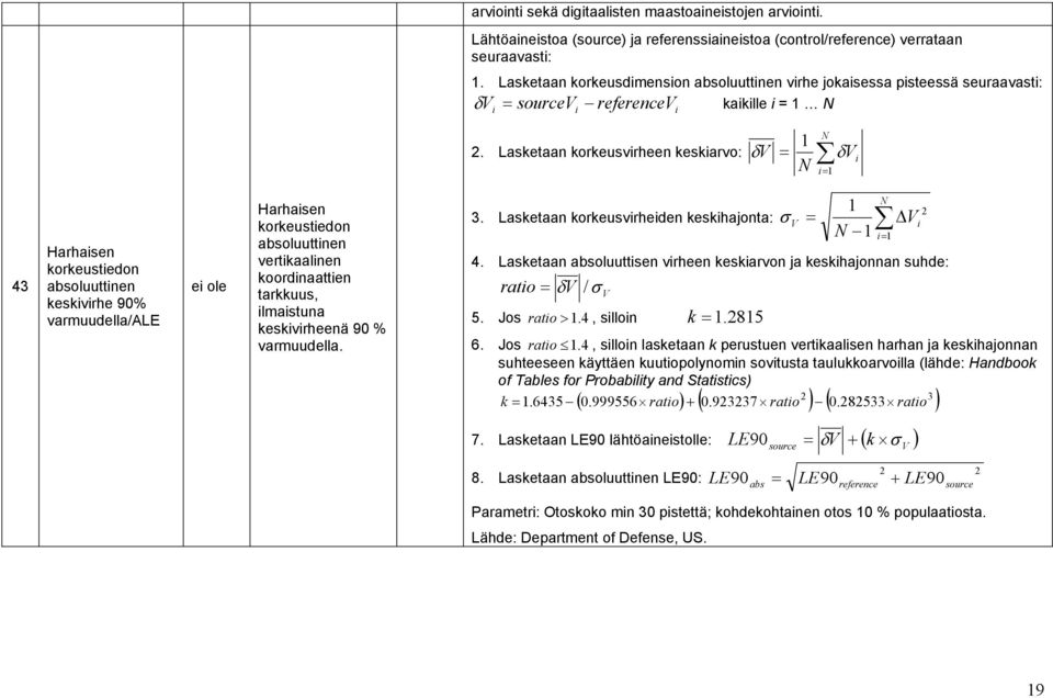 Lasketaan korkeusvirheen keskiarvo: δ V i δ V i 43 Harhaisen korkeustiedon absoluuttinen keskivirhe 90% /ALE ei ole Harhaisen korkeustiedon absoluuttinen vertikaalinen koordinaattien tarkkuus,