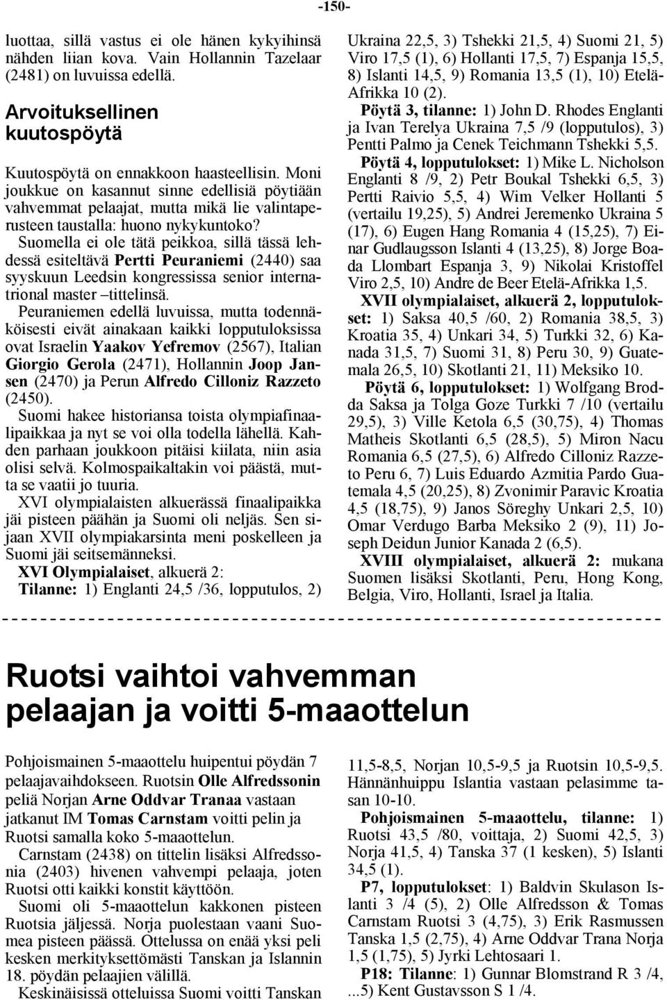 Suomella ei ole tätä peikkoa, sillä tässä lehdessä esiteltävä Pertti Peuraniemi (2440) saa syyskuun Leedsin kongressissa senior internatrional master tittelinsä.