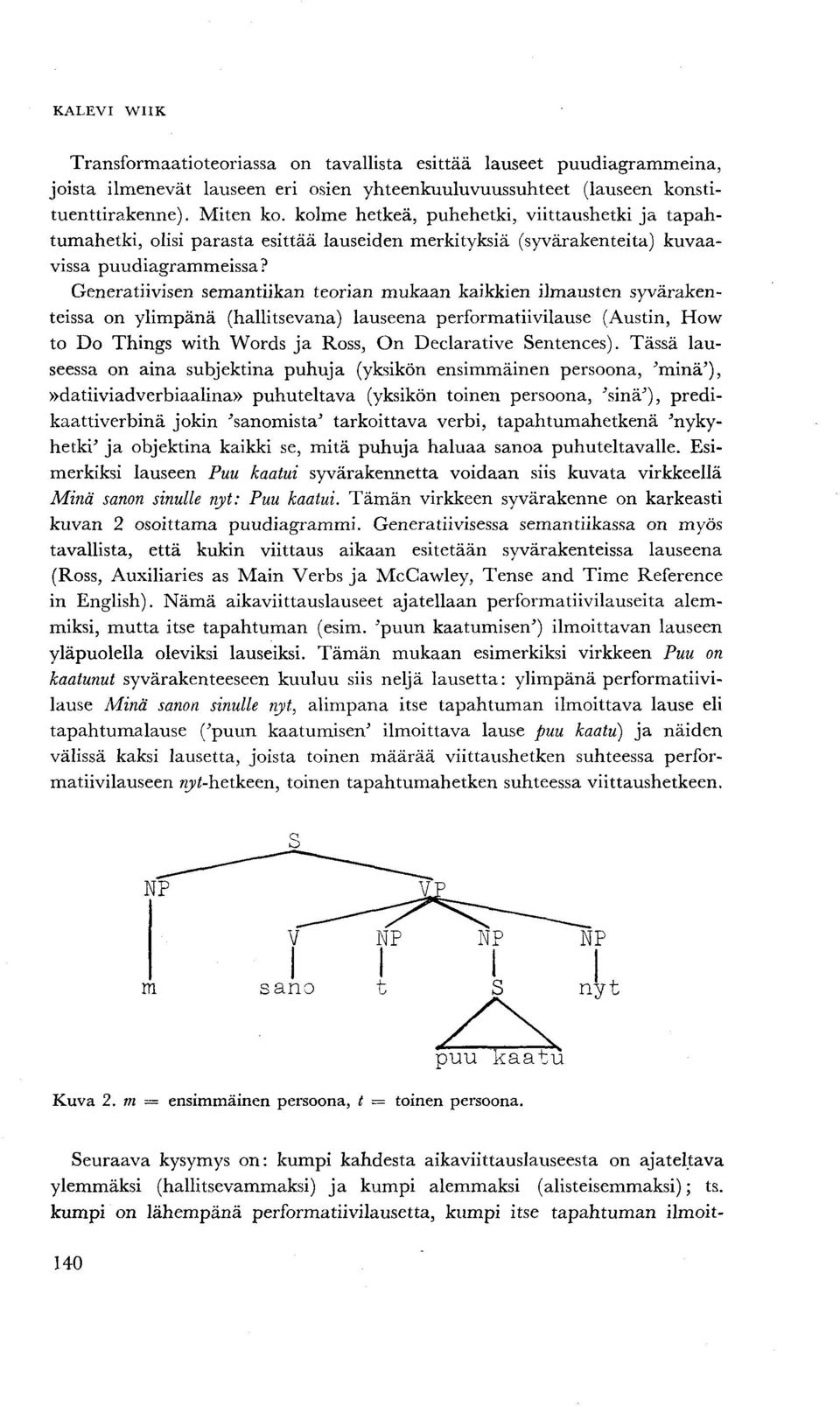 Generatiivisen semantiikan teorian mukaan kaikkien ilmausten syvärakenteissa on ylimpänä (hallitsevana) lauseena performatiivilause (Austin, How to Do Things with Words ja Ross, On Declarative