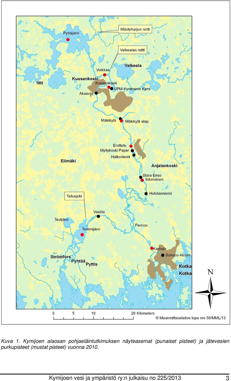 näyteasemat (punaiset pisteet) ja jätevesien