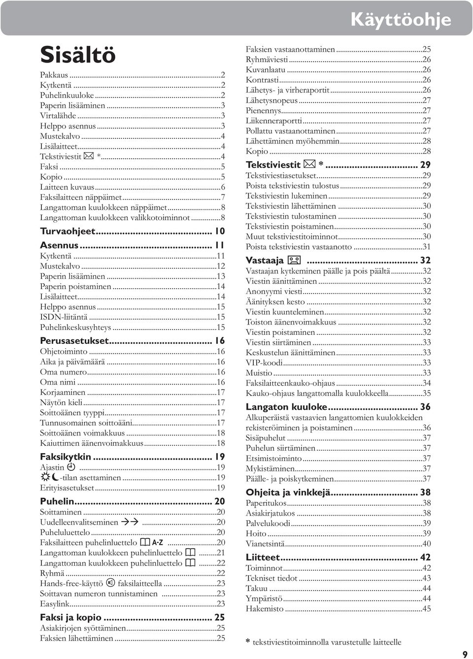 ..13 Paperin poistaminen...14 Lisälaitteet...14 Helppo asennus...15 ISDN-liitäntä...15 Puhelinkeskusyhteys...15 Perusasetukset... 16 Ohjetoiminto...16 Aika ja päivämäärä...16 Oma numero...16 Oma nimi.