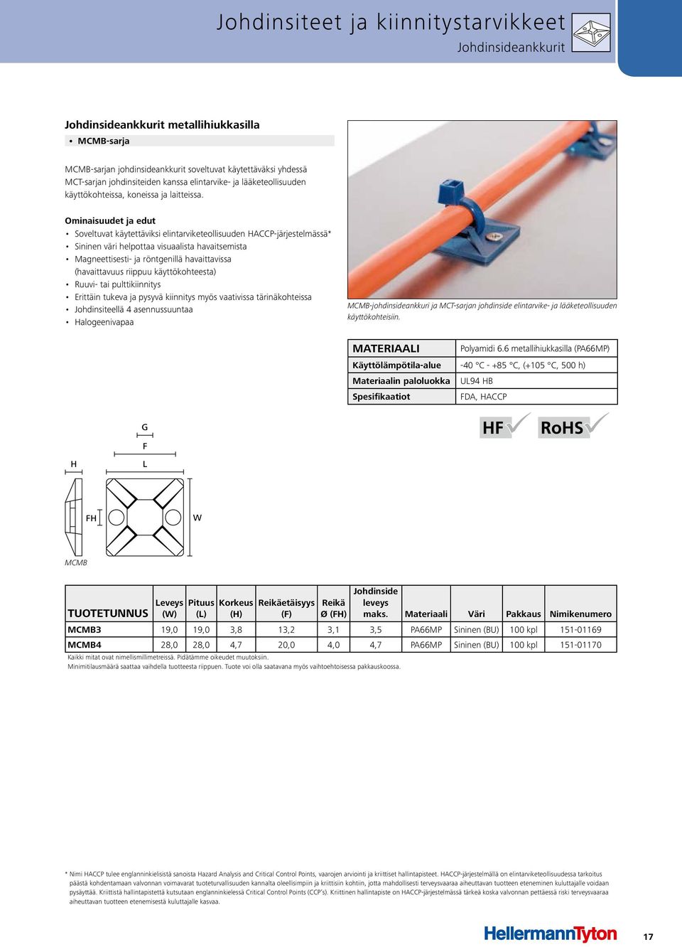 Soveltuvat käytettäviksi elintarviketeollisuuden HACCP-järjestelmässä* Sininen väri helpottaa visuaalista havaitsemista Magneettisesti- ja röntgenillä havaittavissa (havaittavuus riippuu