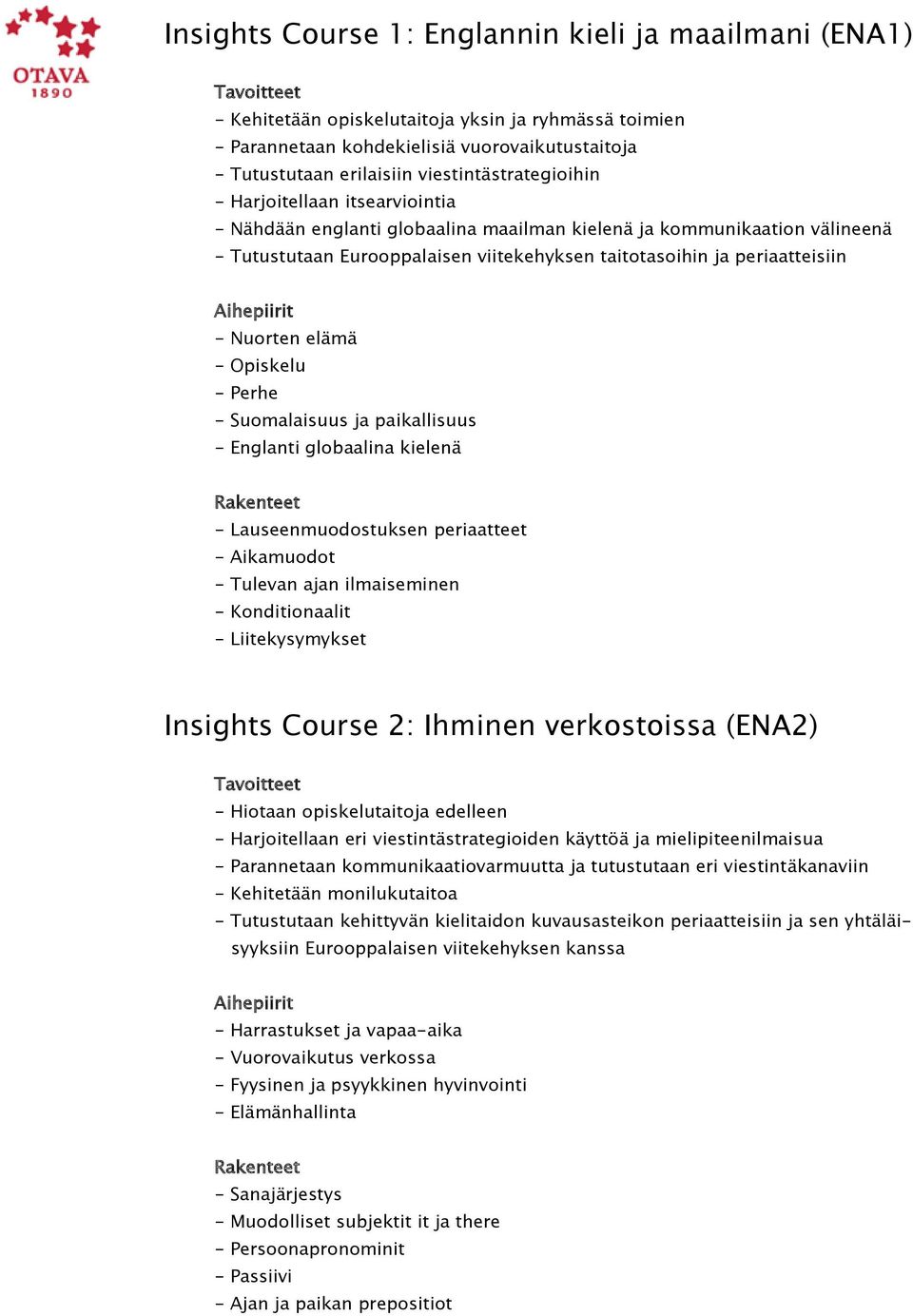 periaatteisiin - Nuorten elämä - Opiskelu - Perhe - Suomalaisuus ja paikallisuus - Englanti globaalina kielenä - Lauseenmuodostuksen periaatteet - Aikamuodot - Tulevan ajan ilmaiseminen -