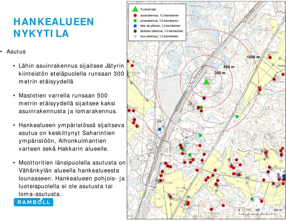 Hankealueen ympäristössä sijaitseva asutus on keskittynyt Saharintien ympäristöön, Alhonkulmantien varteen sekä Hakkarin