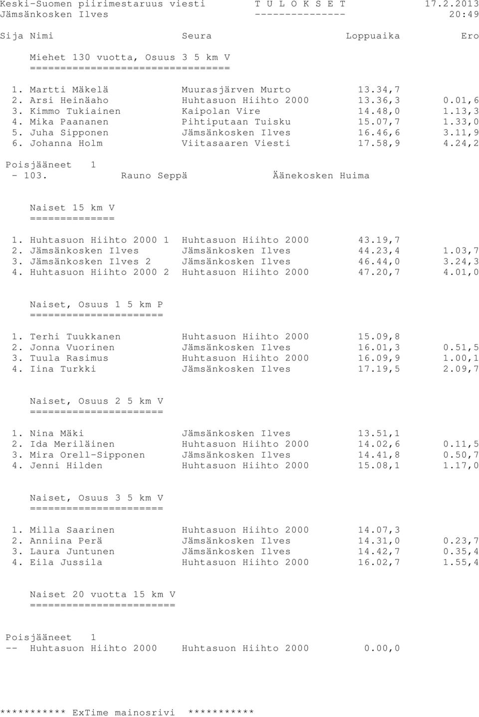 Rauno Seppä Äänekosken Huima Naiset 15 km V ============== 1. Huhtasuon Hiihto 2000 1 Huhtasuon Hiihto 2000 43.19,7 2. Jämsänkosken Ilves Jämsänkosken Ilves 44.23,4 1.03,7 3.