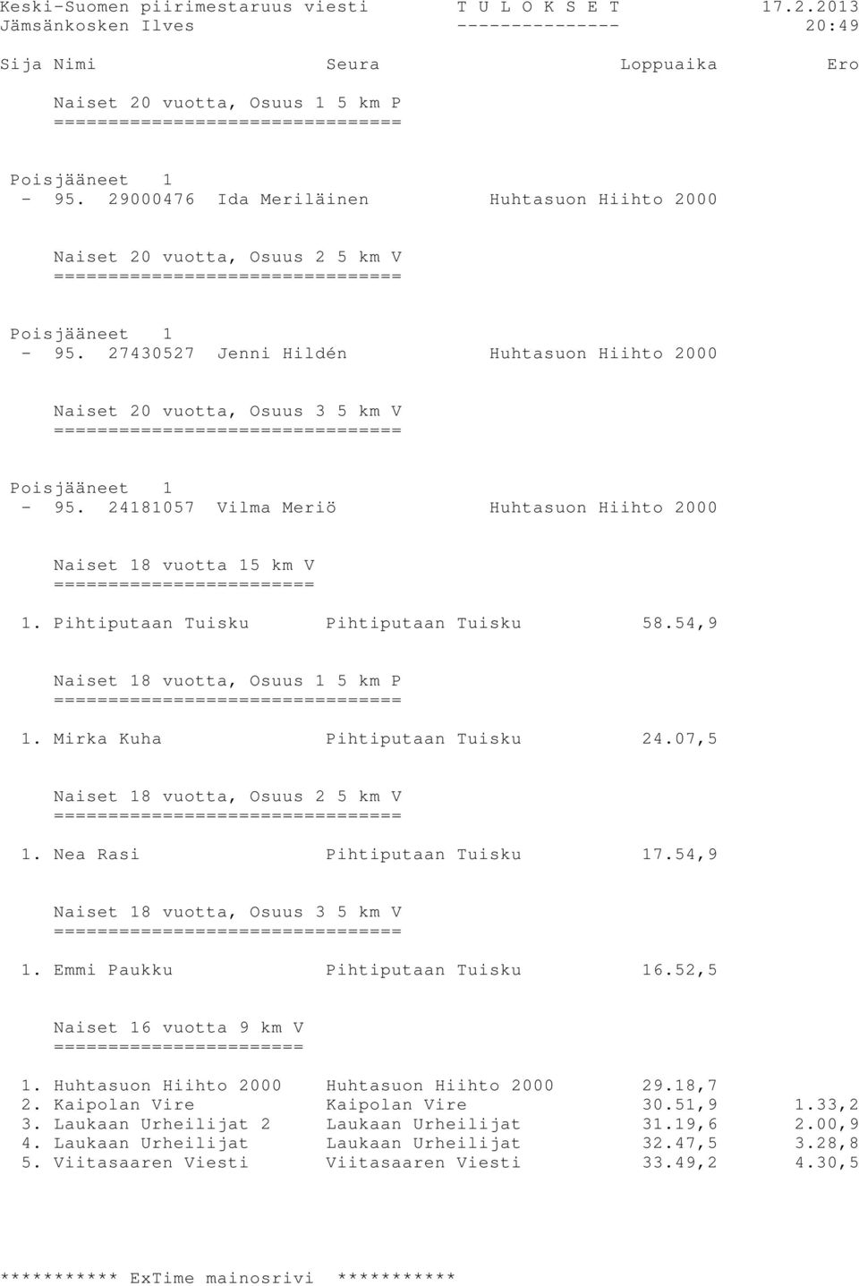 54,9 Naiset 18 vuotta, Osuus 1 5 km P 1. Mirka Kuha Pihtiputaan Tuisku 24.07,5 Naiset 18 vuotta, Osuus 2 5 km V 1. Nea Rasi Pihtiputaan Tuisku 17.54,9 Naiset 18 vuotta, Osuus 3 5 km V 1.