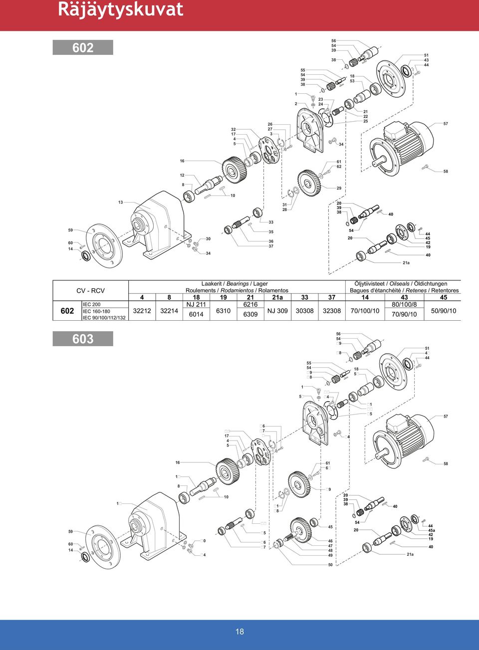 Retentores 4 8 18 19 21 21a 33 37 14 43 45 602 IEC 200 NJ 211 6216 80/100/8 IEC 160-180