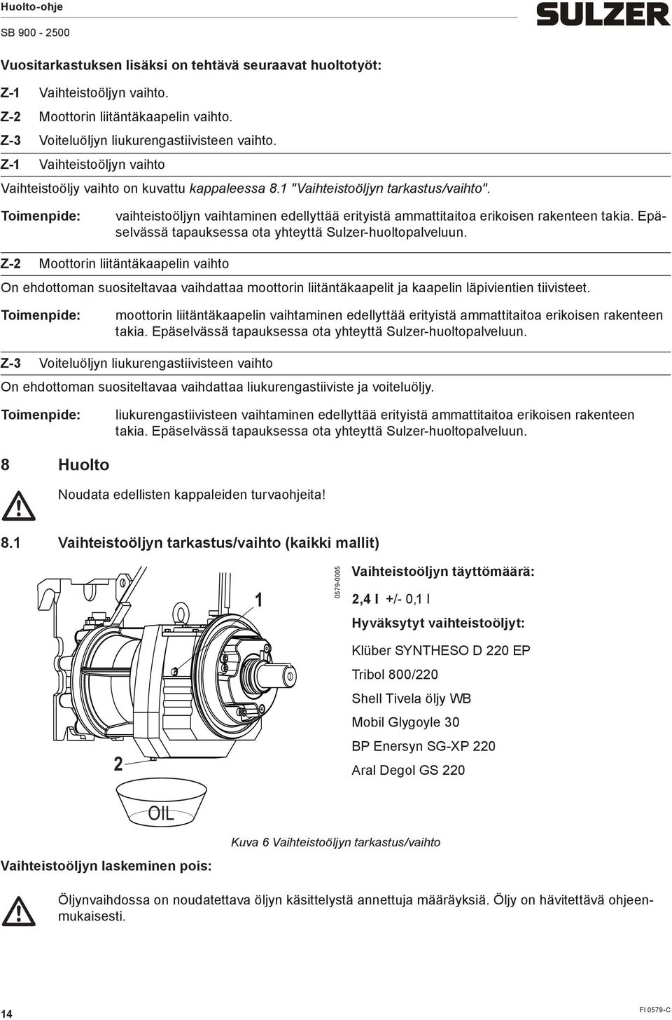 Epäselvässä tapauksessa ota yhteyttä Sulzer-huoltopalveluun. Z-2 Moottorin liitäntäkaapelin vaihto On ehdottoan suositeltavaa vaihdattaa oottorin liitäntäkaapelit ja kaapelin läpivientien tiivisteet.