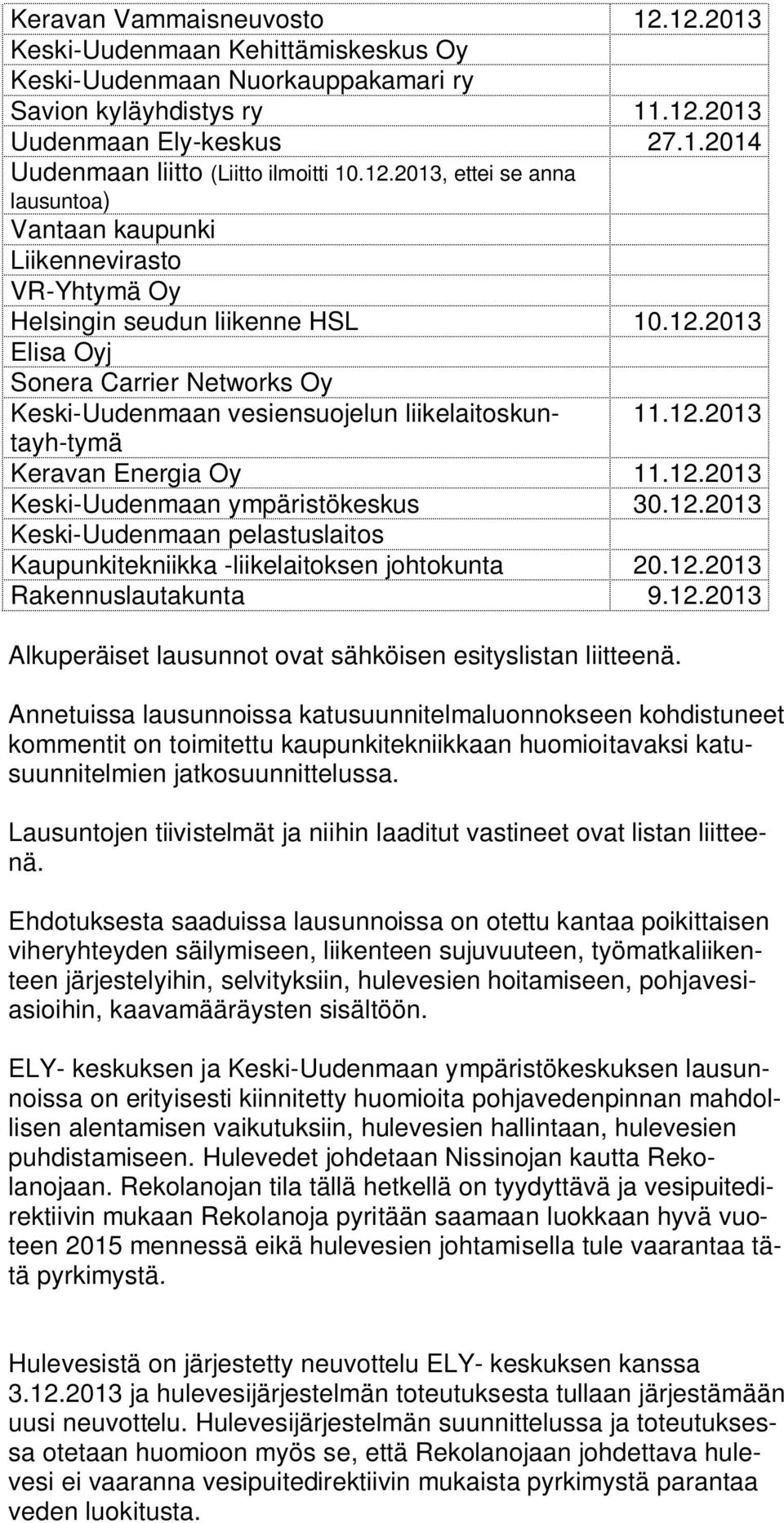 12.2013 Keravan Energia Oy 11.12.2013 Keski-Uudenmaan ympäristökeskus 30.12.2013 Keski-Uudenmaan pelastuslaitos Kaupunkitekniikka -liikelaitoksen johtokunta 20.12.2013 Rakennuslautakunta 9.12.2013 Alkuperäiset lausunnot ovat sähköisen esityslistan liitteenä.