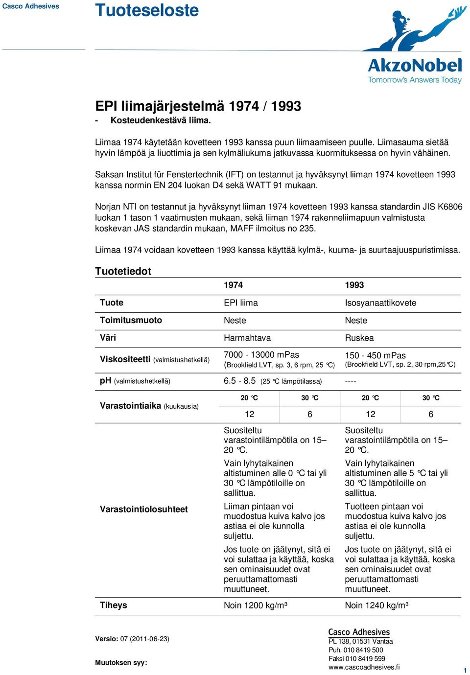 Saksan Institut für Fenstertechnik (IFT) on testannut ja hyväksynyt liiman 1974 kovetteen 1993 kanssa normin EN 204 luokan D4 sekä WATT 91 mukaan.
