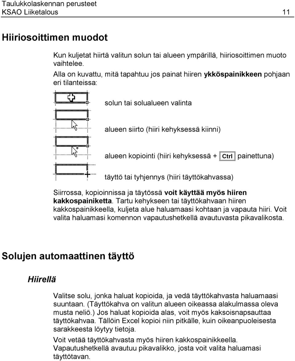 Ctrl painettuna) täyttö tai tyhjennys (hiiri täyttökahvassa) Siirrossa, kopioinnissa ja täytössä voit käyttää myös hiiren kakkospainiketta.