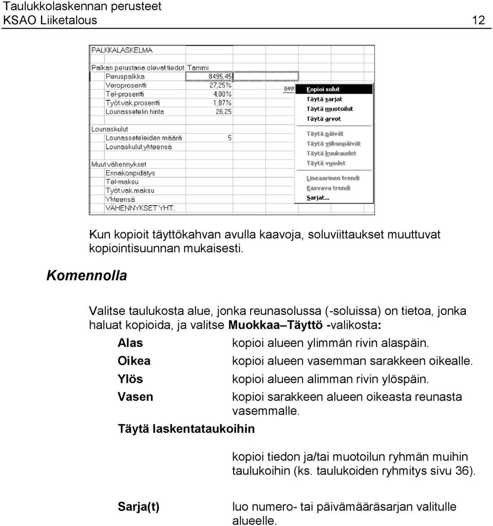 laskentataukoihin kopioi alueen ylimmän rivin alaspäin. kopioi alueen vasemman sarakkeen oikealle. kopioi alueen alimman rivin ylöspäin.