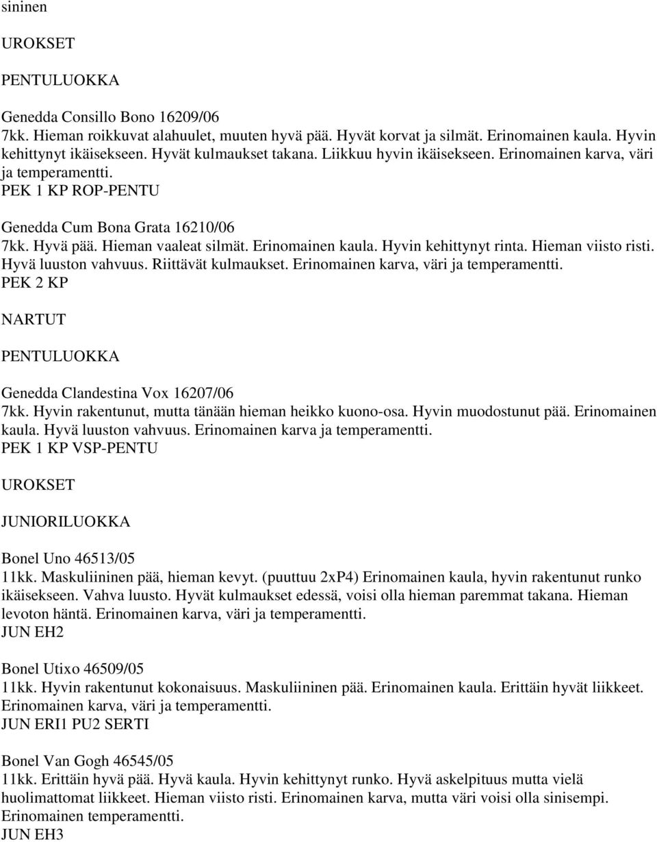 Hyvin kehittynyt rinta. Hieman viisto risti. Hyvä luuston vahvuus. Riittävät kulmaukset. Erinomainen karva, väri ja PEK 2 KP NARTUT PENTULUOKKA Genedda Clandestina Vox 16207/06 7kk.