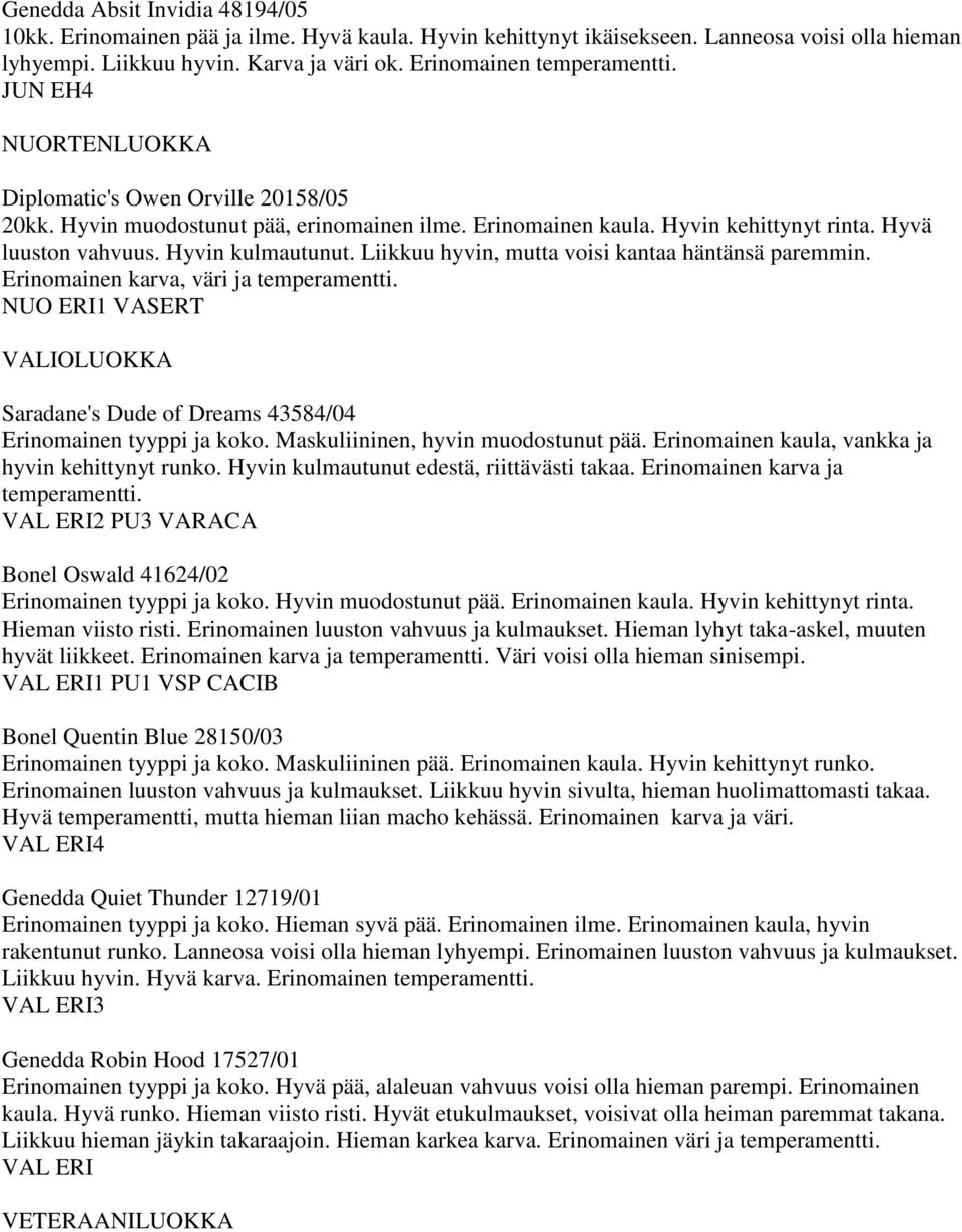 Liikkuu hyvin, mutta voisi kantaa häntänsä paremmin. Erinomainen karva, väri ja NUO ERI1 VASERT VALIOLUOKKA Saradane's Dude of Dreams 43584/04 Erinomainen tyyppi ja koko.