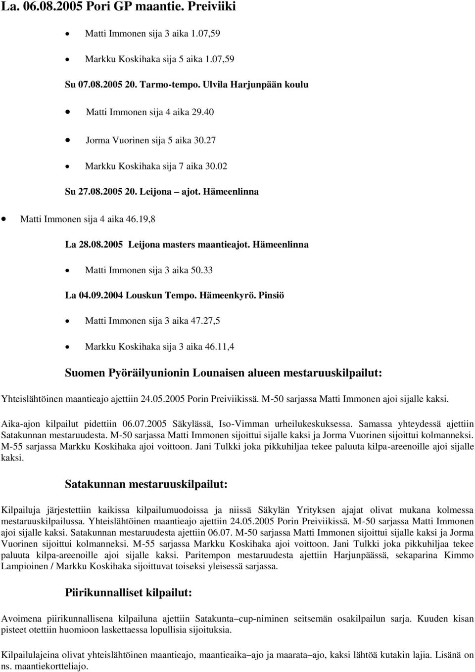 Hämeenlinna Matti Immonen sija 3 aika 50.33 La 04.09.2004 Louskun Tempo. Hämeenkyrö. Pinsiö Matti Immonen sija 3 aika 47.27,5 Markku Koskihaka sija 3 aika 46.