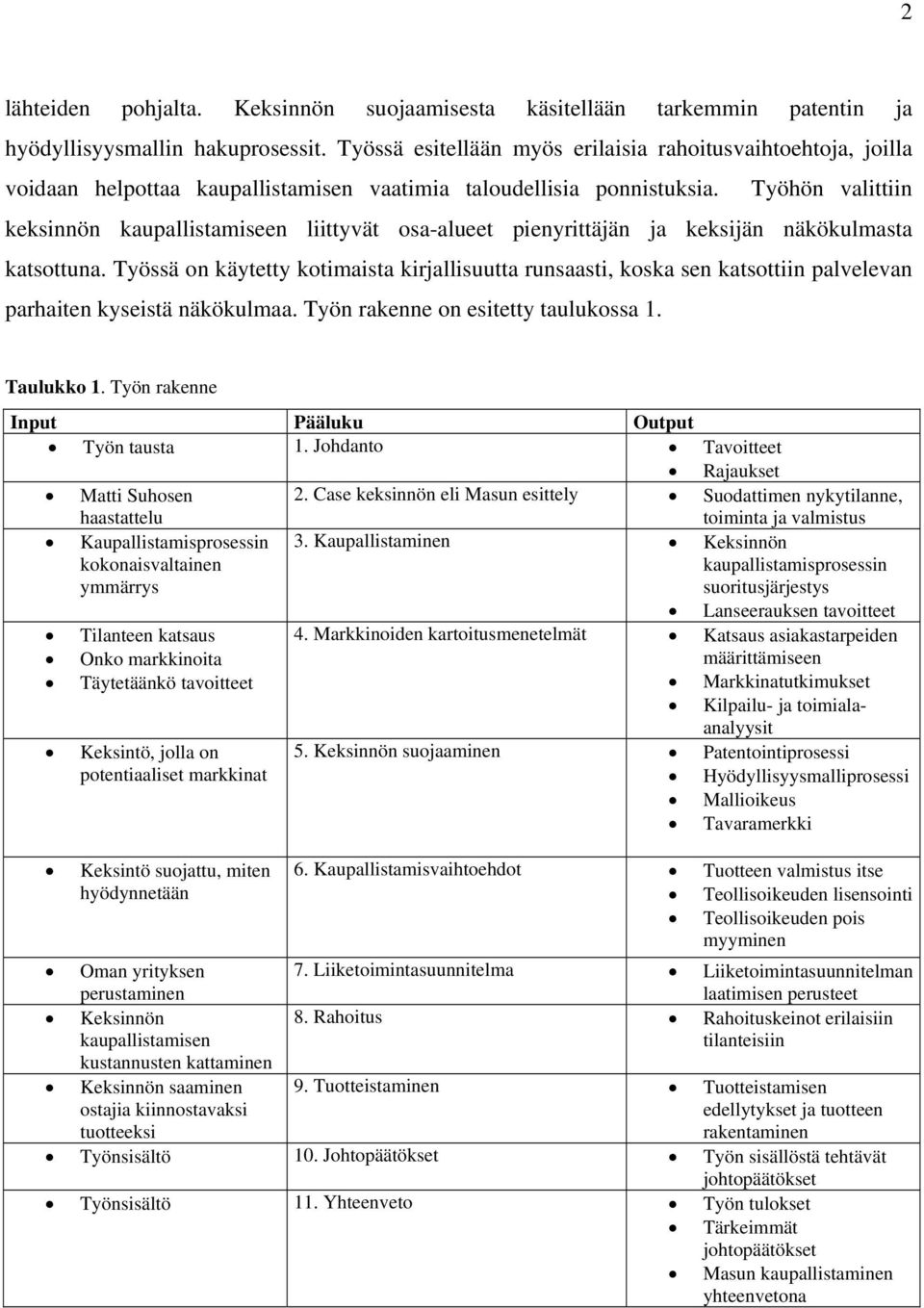 Työhön valittiin keksinnön kaupallistamiseen liittyvät osa-alueet pienyrittäjän ja keksijän näkökulmasta katsottuna.