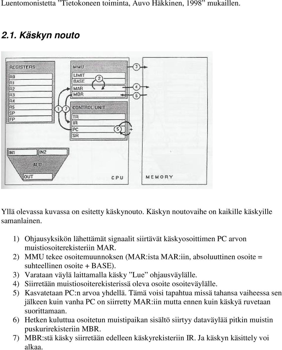 2) MMU tekee osoitemuunnoksen (MAR:ista MAR:iin, absoluuttinen osoite = suhteellinen osoite + BASE). 3) Varataan väylä laittamalla käsky Lue ohjausväylälle.