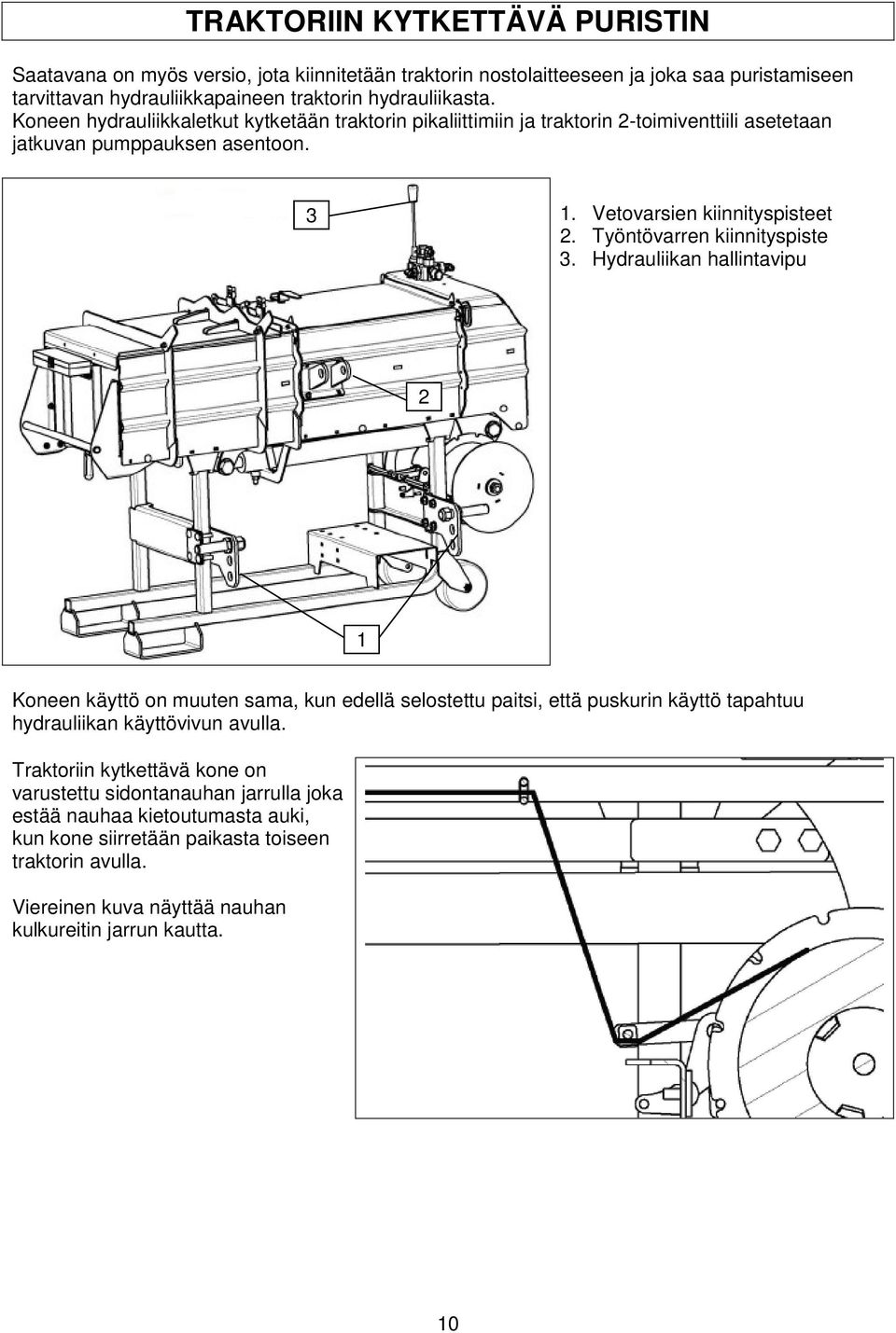 Työntövarren kiinnityspiste 3. Hydrauliikan hallintavipu 2 1 Koneen käyttö on muuten sama, kun edellä selostettu paitsi, että puskurin käyttö tapahtuu hydrauliikan käyttövivun avulla.