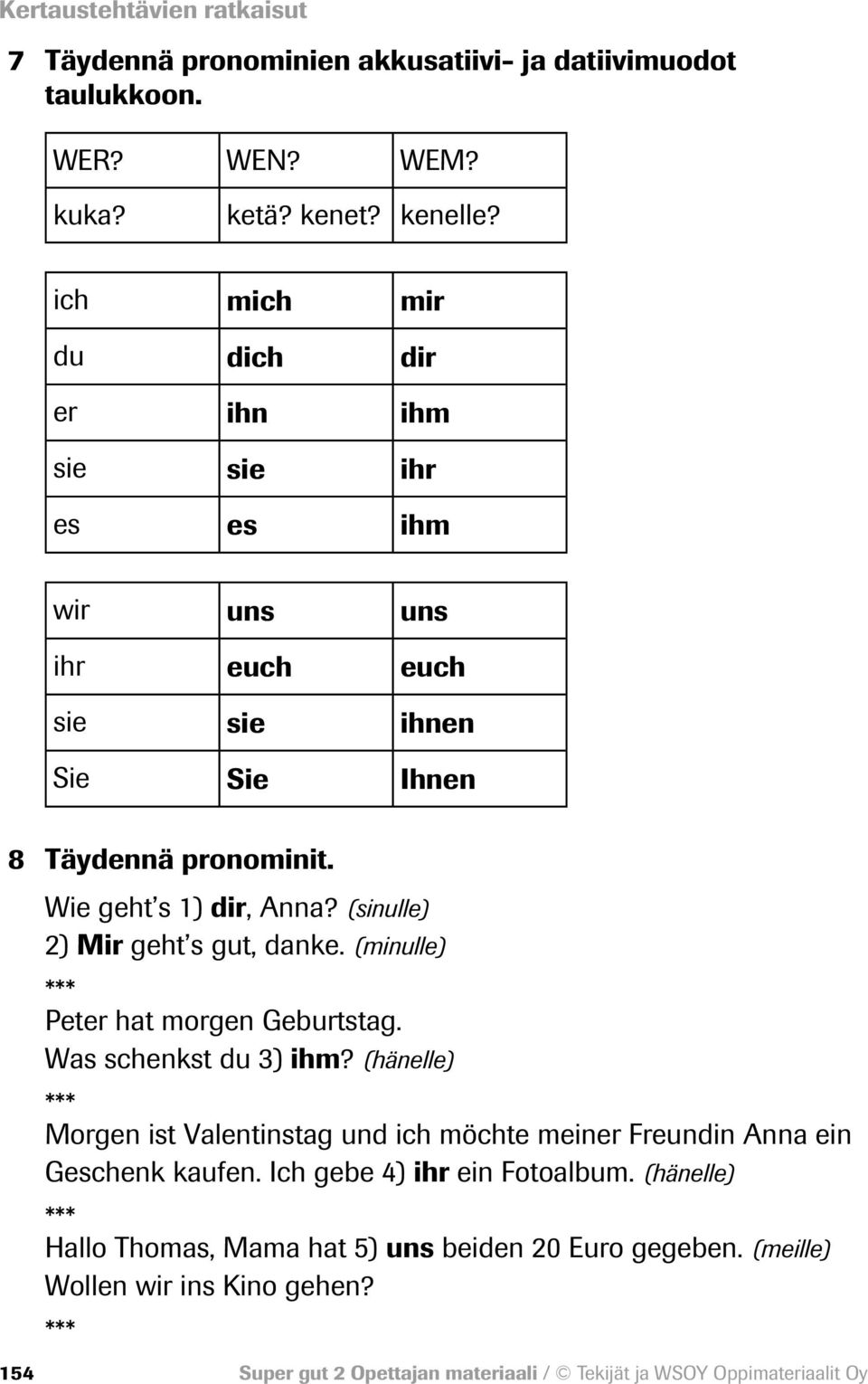 (sinulle) 2) Mir geht s gut, danke. (minulle) Peter hat morgen Geburtstag. Was schenkst du 3) ihm?
