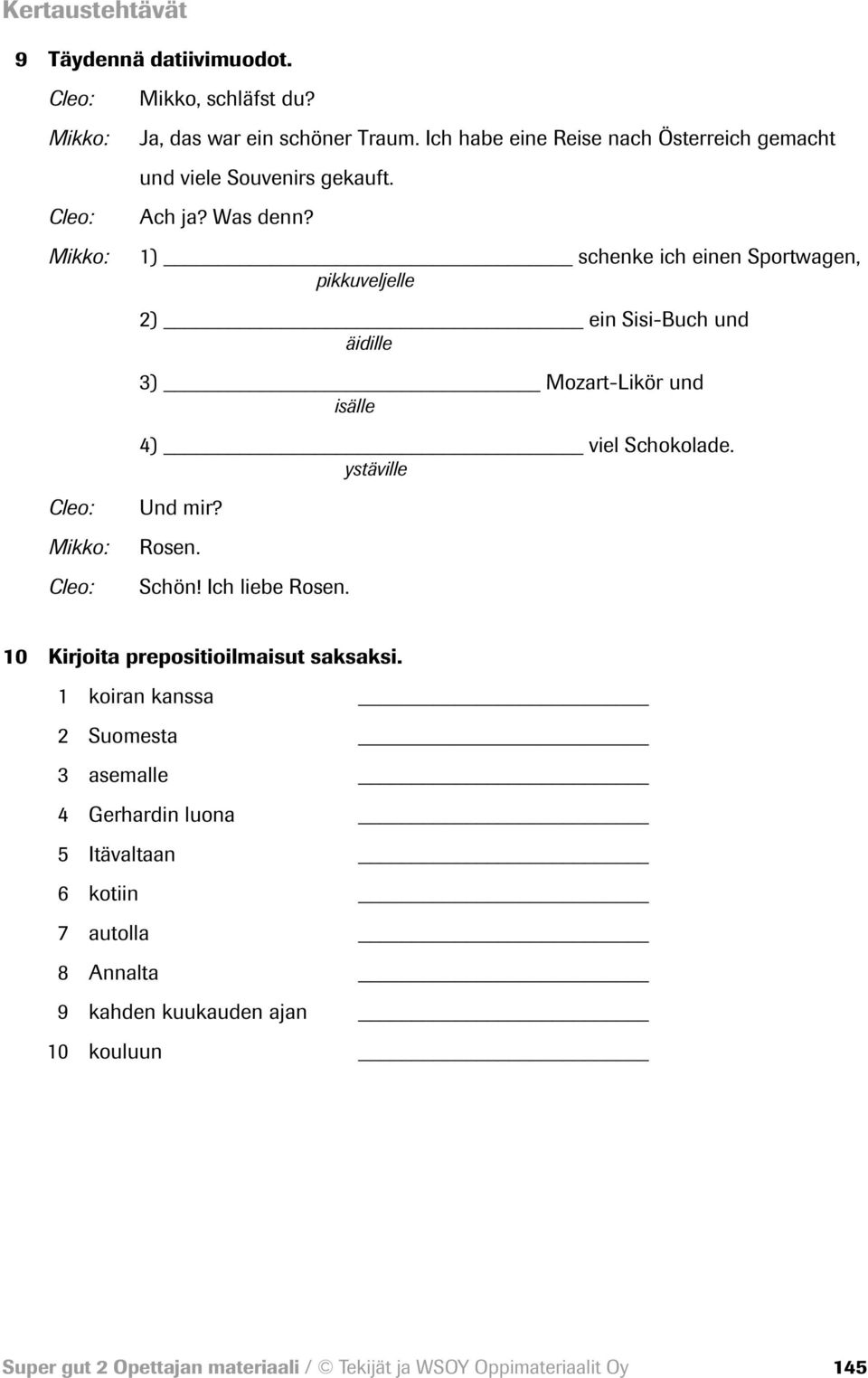 1) schenke ich einen Sportwagen, pikkuveljelle 2) ein Sisi-Buch und äidille 3) Mozart-Likör und isälle 4) viel Schokolade. ystäville Und mir? Rosen. Schön!