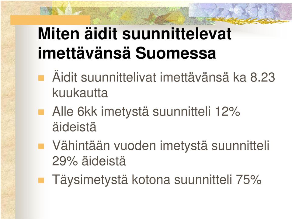 23 kuukautta Alle 6kk imetystä suunnitteli 12% äideistä