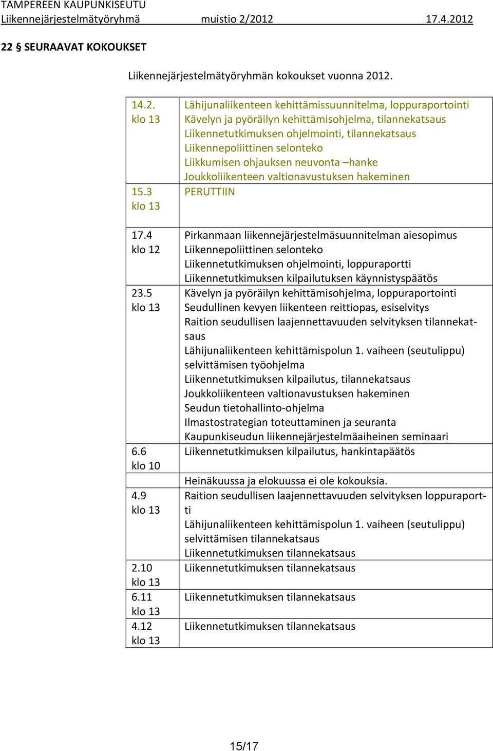 selonteko Liikkumisen ohjauksen neuvonta hanke Joukkoliikenteen valtionavustuksen hakeminen PERUTTIIN Pirkanmaan liikennejärjestelmäsuunnitelman aiesopimus Liikennepoliittinen selonteko