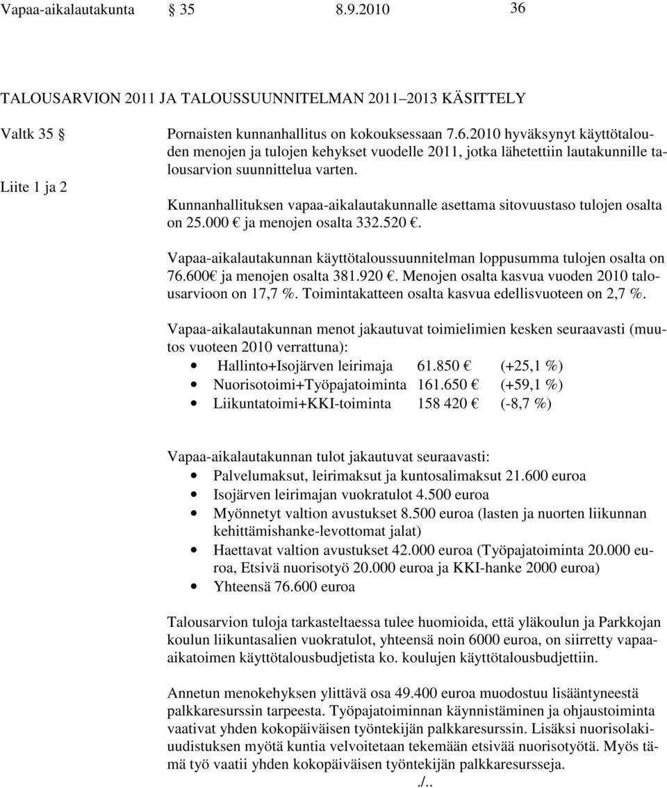 600 ja menojen osalta 381.920. Menojen osalta kasvua vuoden 2010 talousarvioon on 17,7 %. Toimintakatteen osalta kasvua edellisvuoteen on 2,7 %.