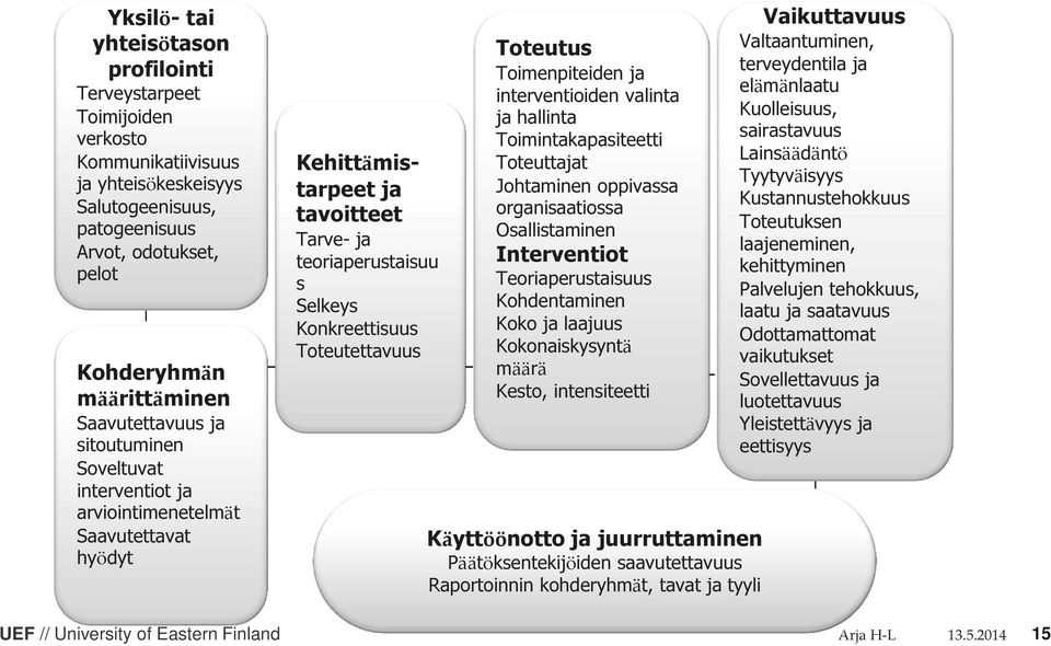 Toteutus Toimenpiteiden ja interventioiden valinta ja hallinta Toimintakapasiteetti Toteuttajat Johtaminen oppivassa organisaatiossa Osallistaminen Interventiot Teoriaperustaisuus Kohdentaminen Koko