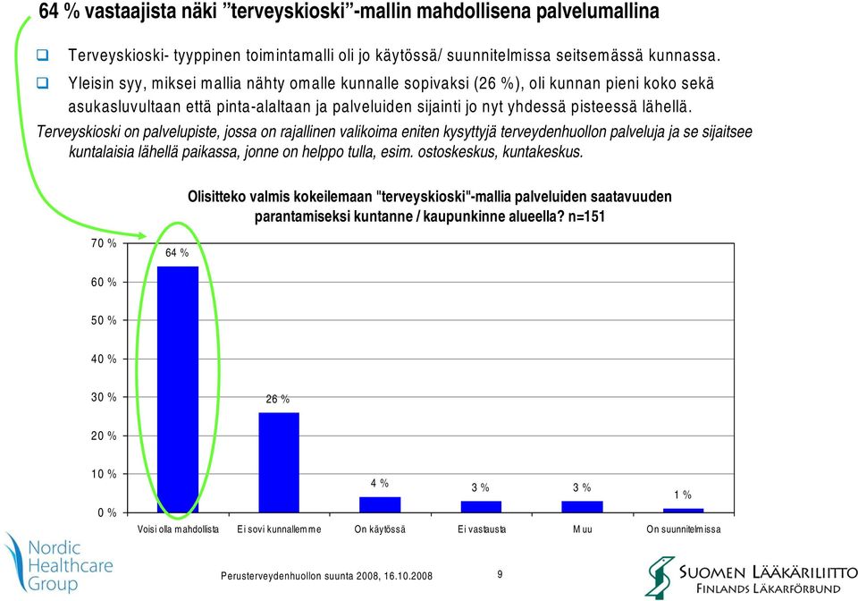 Terveyskioski on palvelupiste, jossa on rajallinen valikoima eniten kysyttyjä terveydenhuollon palveluja ja se sijaitsee kuntalaisia lähellä paikassa, jonne on helppo tulla, esim.