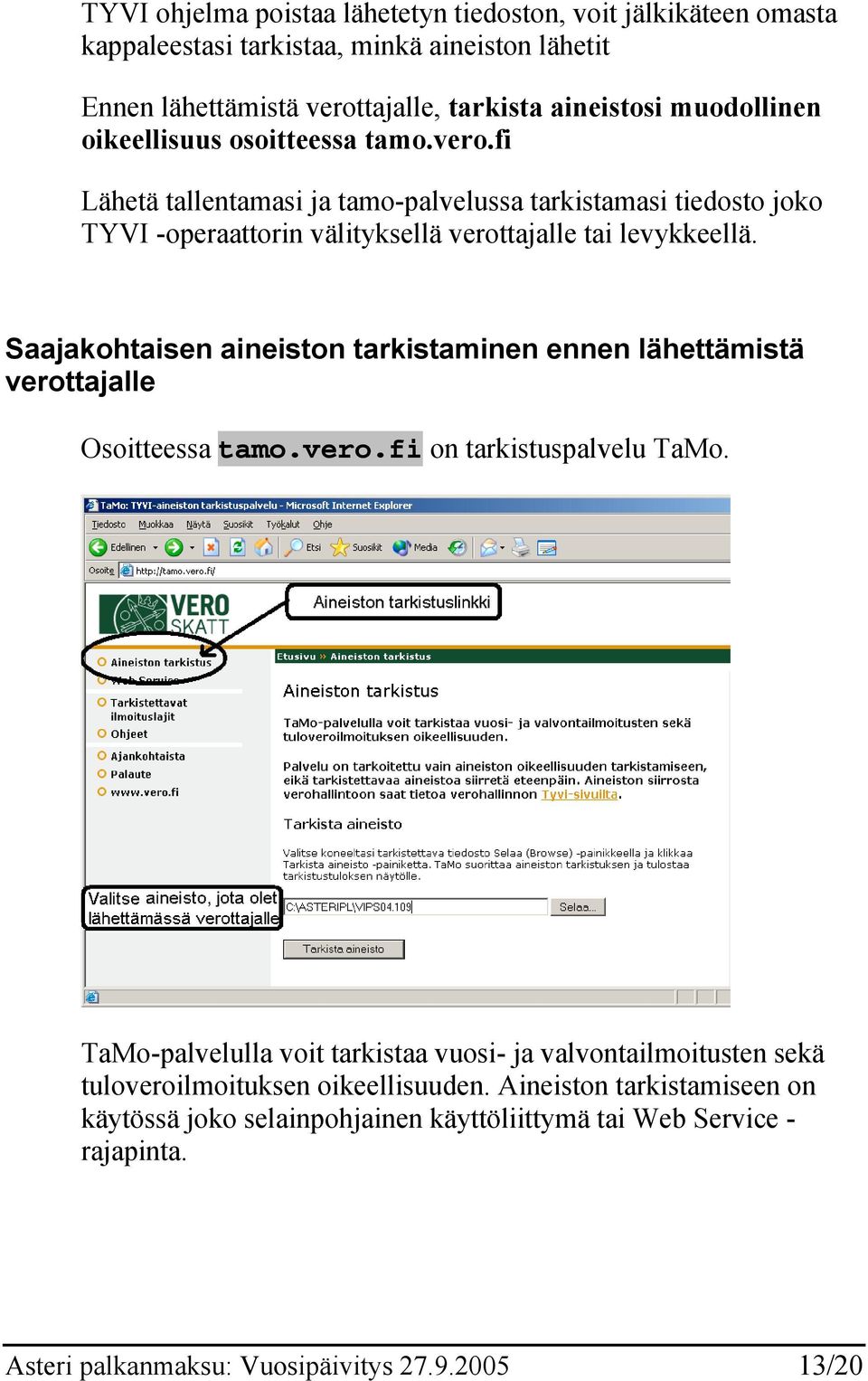 Saajakohtaisen aineiston tarkistaminen ennen lähettämistä verottajalle Osoitteessa tamo.vero.fi on tarkistuspalvelu TaMo.