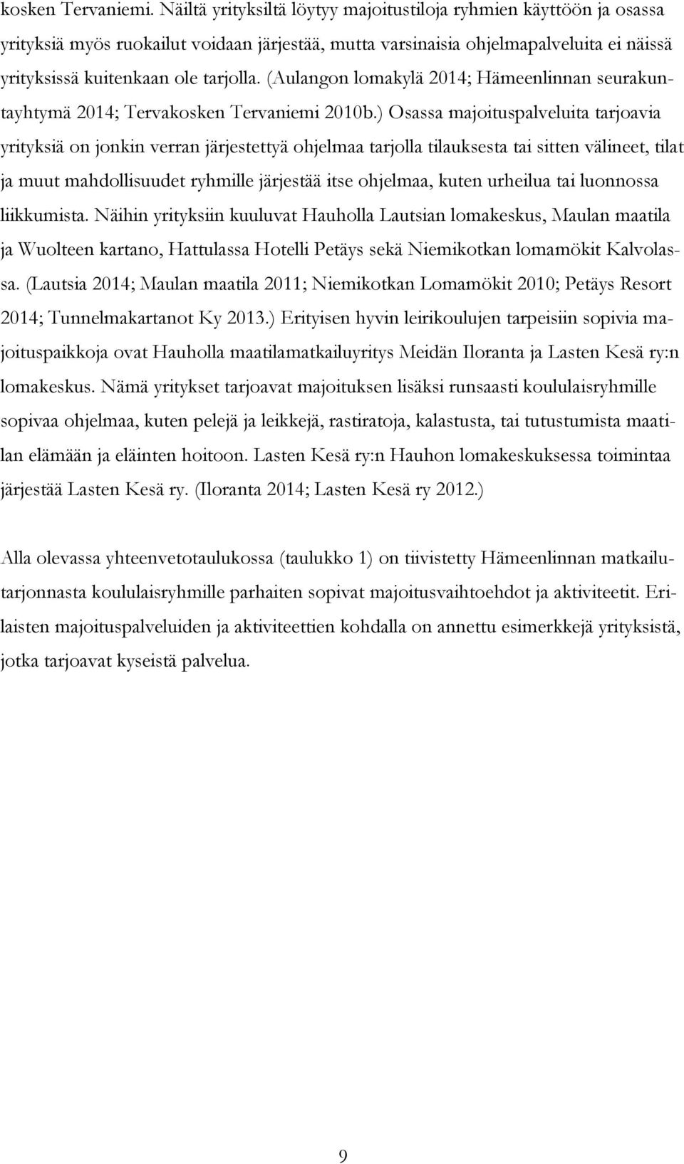 (Aulangon lomakylä 2014; Hämeenlinnan seurakuntayhtymä 2014; Tervakosken Tervaniemi 2010b.