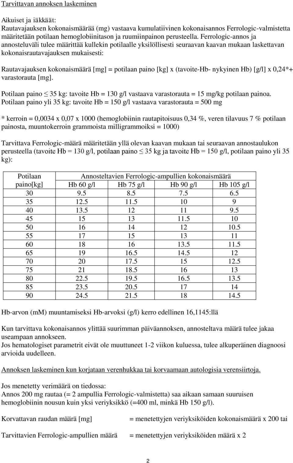 Ferrologic-annos ja annosteluväli tulee määrittää kullekin potilaalle yksilöllisesti seuraavan kaavan mukaan laskettavan kokonaisrautavajauksen mukaisesti: Rautavajauksen kokonaismäärä [mg] =