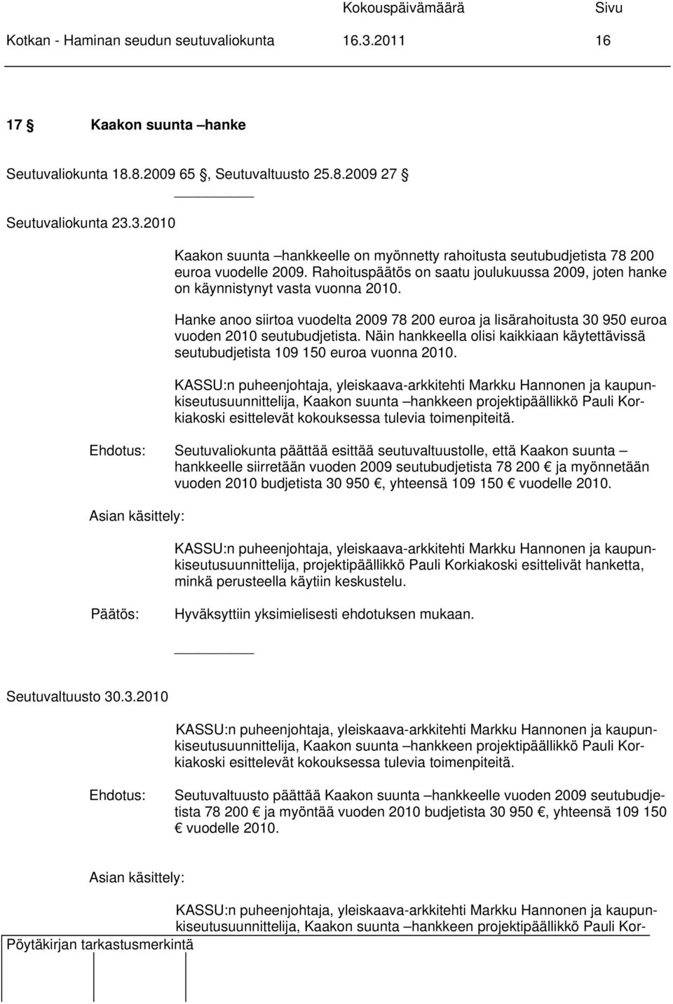 Näin hankkeella olisi kaikkiaan käytettävissä seutubudjetista 109 150 euroa vuonna 2010.