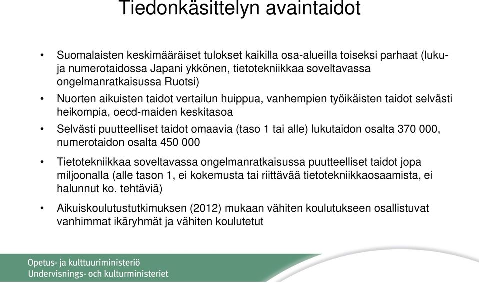 omaavia (taso 1 tai alle) lukutaidon osalta 370 000, numerotaidon osalta 450 000 Tietotekniikkaa soveltavassa ongelmanratkaisussa puutteelliset taidot jopa miljoonalla (alle tason