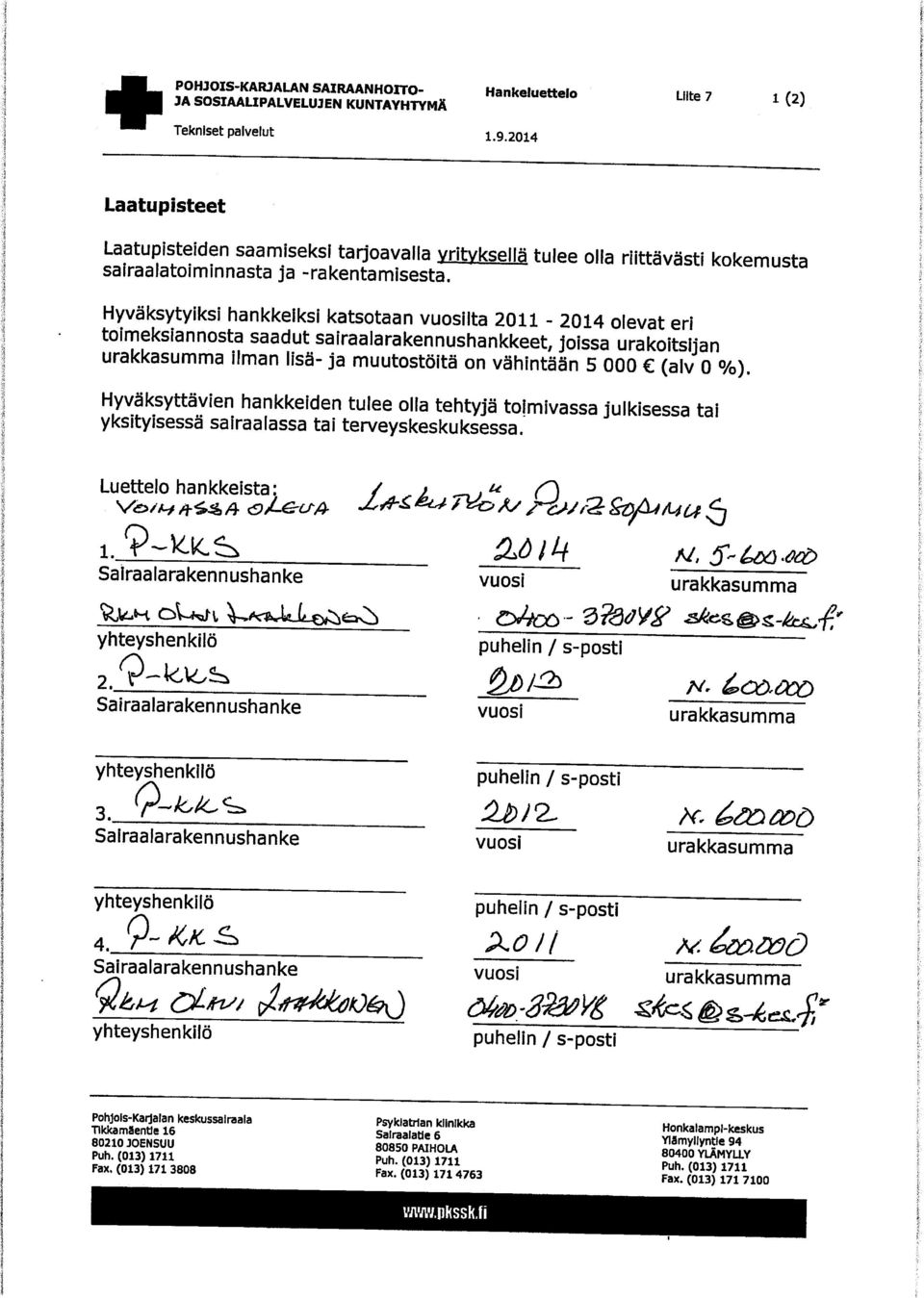 Hyväksytyiksi hankkeiksi katsotaan lta 211-214 olevat eri toimeksiannosta saadut sairaalarakennushankkeet, joissa urakoitsijan Hyväksyttävien hankkeiden tulee olla tehtyjä toimivassa julkisessa tai