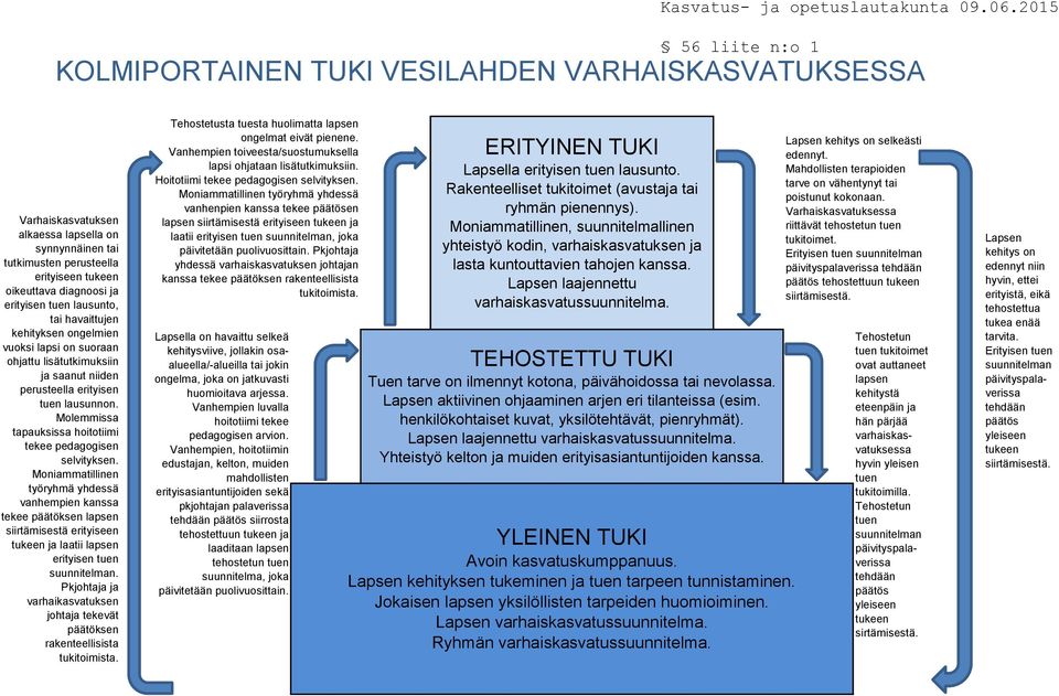 Mniammatillinen työryhmä yhdessä vanhempien kanssa tekee päätöksen lapsen siirtämisestä erityiseen tukeen ja laatii lapsen erityisen tuen suunnitelman.