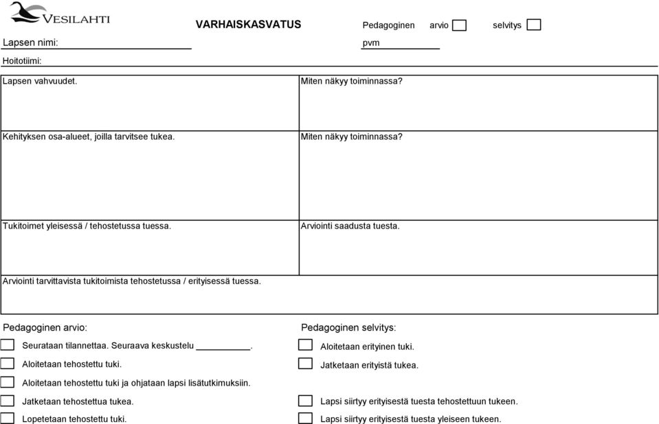 Pedagginen arvi: Pedagginen selvitys: Seurataan tilannettaa. Seuraava keskustelu. Alitetaan erityinen tuki. Alitetaan tehstettu tuki. Jatketaan erityistä tukea.